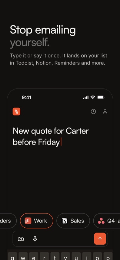 App Store screenshot: Stop emailing yourself. A note typed in Driftto, with the Work list picked.